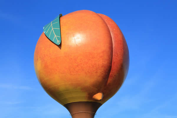 a photograph of a water tower shaped like a giant peach