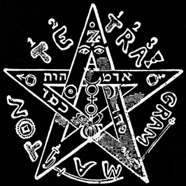 A five pointed star with both the word "tetragramaton" around it and other arcane symbols