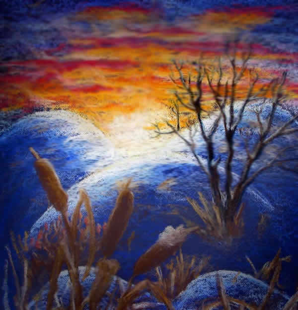 a painting of a sunset behind snow covered hills