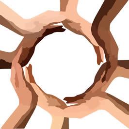 a series of hands, clasped to form a circle, from various ethnicities