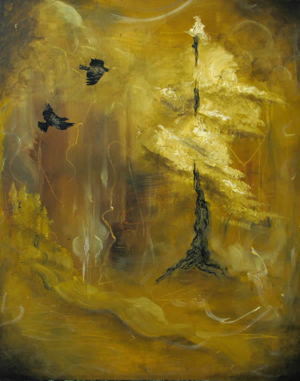 two ravens approaching a tree on a field of gold
