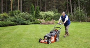 Senior man mowing the lawn.