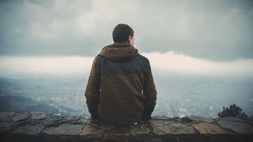 man on ledge facing into city view