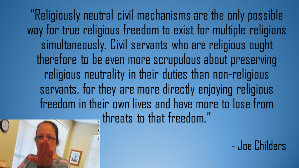 Religiously neutral civil mechanisms Joe Childers quote