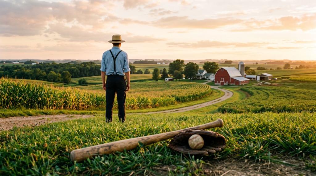A cinematic golden hour scene on an Iowa farm. In the close foreground, a weathered wooden baseball bat, a worn leather glove, and a baseball rest on a patch of green grass. In the middle distance, a young man in simple Amish clothing with suspenders and a straw hat stands with his back to the camera, looking across a rolling green field toward a classic red barn and farmhouse under a soft, sunset sky.