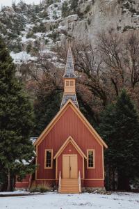 Church with steeple in Yosemite Valley.