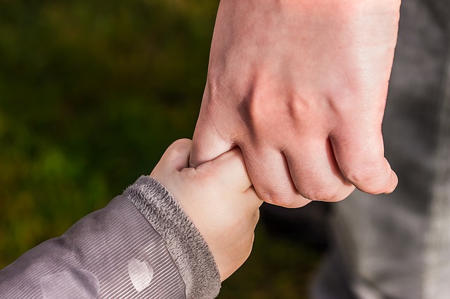 A child holding the hand of an adult. God tells us to be not afraid because he is holding our hand.