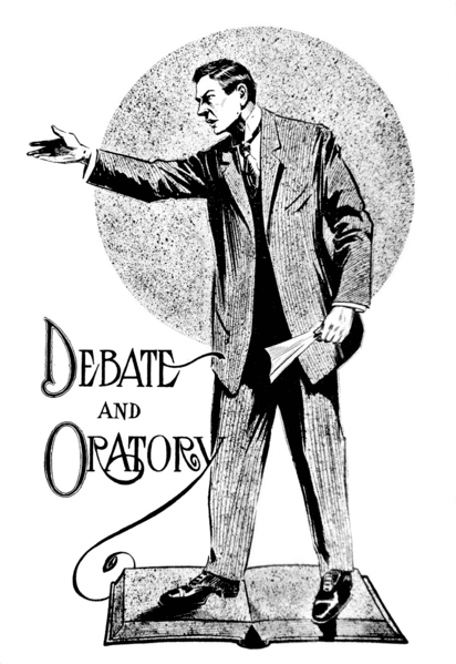  "Debate and Oratory". Image for first page of "Debate and Oratory" section of 1909 Tyee (yearbook of the University of Washington). Public domain.