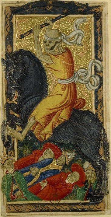 Death. Charles VI (or Gringonneur) Deck; Le tarot dit de Charles VI. Public domain. Image via Wikimedia Commons. Death. Charles VI (or Gringonneur) Deck; Le tarot dit de Charles VI. Public domain. Image via Wikimedia Commons.