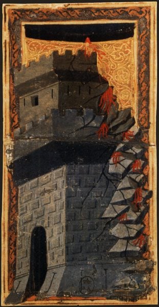 Maison-Dieu_tarot_charles6 The Tower. Charles VI (or Gringonneur) Deck; Le tarot dit de Charles VI. Image via Wikimedia Commons. Public domain.