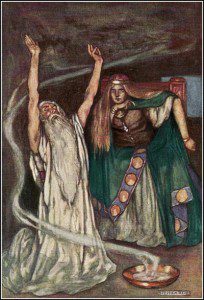 Queen Maeve and the Druid, 1904. Illustration by Stephen Reid. Image via Wikimedia Commons. Public domain.