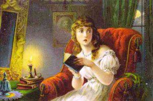 Girl Reading Ghost Story. Dr. Jayne's Victorian Trade Card #16. Public domain.