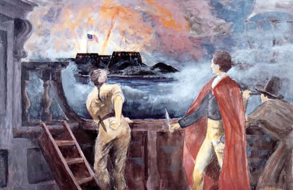 Painting (by LTJG James Murray) of Francis Scott Key penning the Star Spangled Banner, NHHC Photo NH 86765-KN