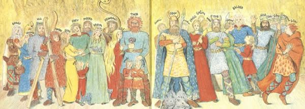 If the sheer variety of Aesir, Vanir, Jotnar, dwarves, elves, animals, named weapons, and miscellaneous unidentified entities shown on this illustration from d’Aulaire’s Book of Norse Myths is any indication of the complexity of the Norse culture, why should we try to make modern Heathen communities any less diverse? / Book of Norse Myths written and illustrated by Ingri and Edgar Parin d'Aulaire