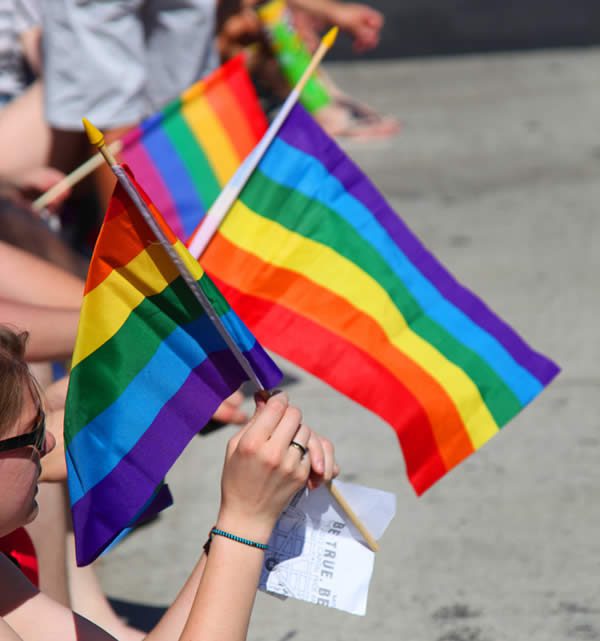 a young person holding a rainbow pride flag