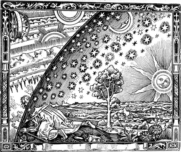 a photograph of a woodcut image depicting a man pushing through a boundary between earth and heaven
