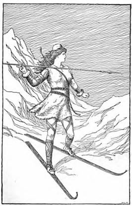 a human figure skiing with a spear to hunt with