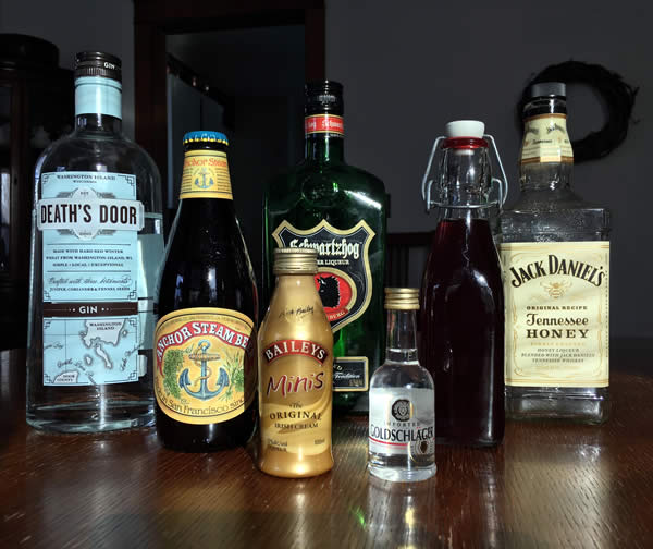 a series of alcohol bottles