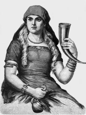 a woman with braided hair holding a drinking horn