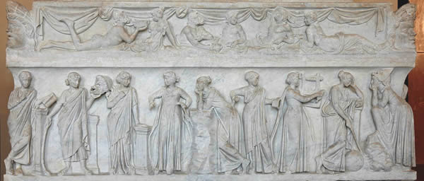 a relief sculpture of the muses on a the side of a sarcophagus