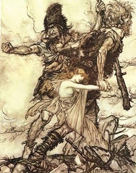 two giants dragging Freya by the arm