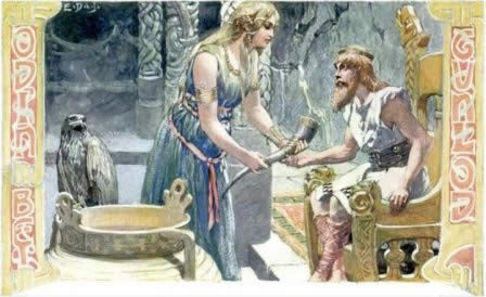 Odin being offered sips of mead by Gunnlod 