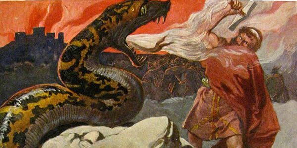 thor smiting a large snake, known as the Midgaard Serpent