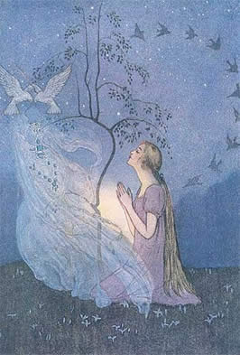 a drawing of a blond woman in a prayful pose being met by her fairy godmother