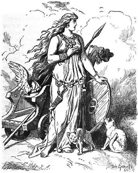 The goddess Freya rests her hand upon a shield.