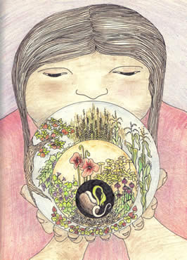 a pencil drawing of a woman holding a seed
