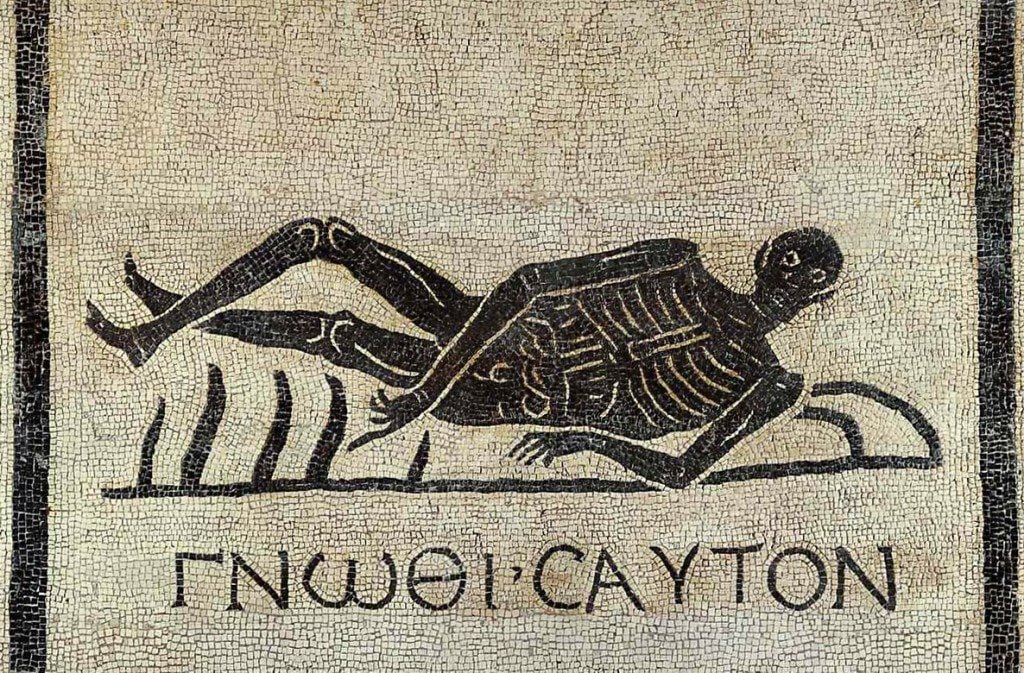 Roman mosaic: Know Thyself. CC0, Public Domain