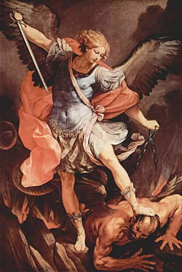 the archangel Michael steps on the back of a defeated Satan