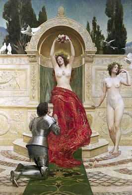 an armored man kneels before the bare breasted goddess Venus and her naked handmaiden.