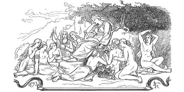 a pencil drawing of women relaxing