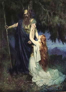 a woman in flowing, white dress kneels and reaches toward a bearded man in armor weilding a spear
