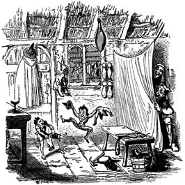 an illustration of two elves dancing in a shoemaker's shop