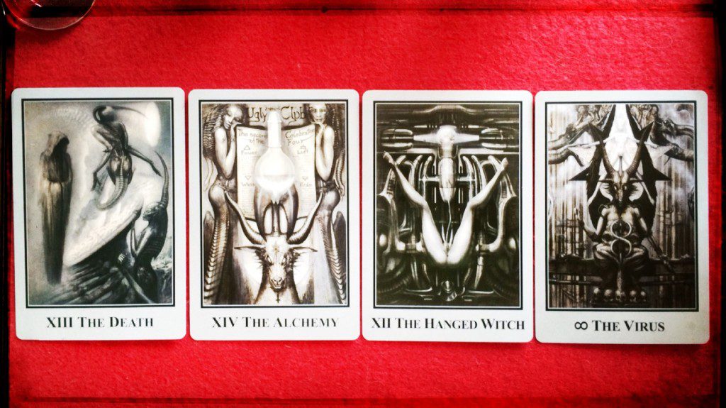 Four cards from the Baphomet: Tarot of the Underworld by Akron and Giger, 2010 (Photo: Camelia Elias)