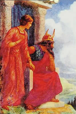 a seated Oden with Frigg standing at his right hand as they look into the distance