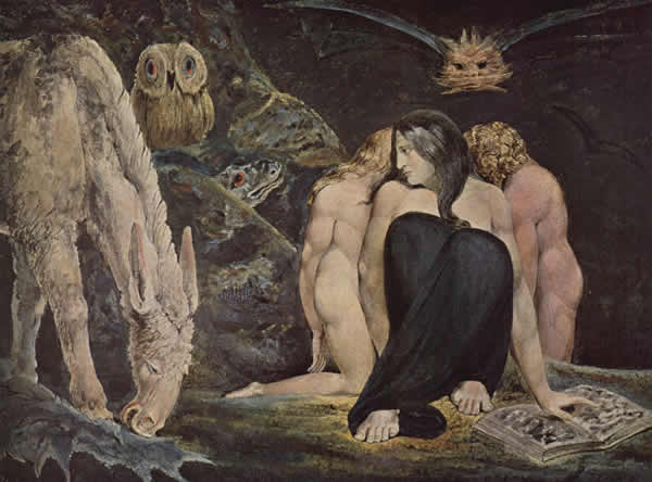 a painting by William Blake depicting a triple-formed figure, Hekate, a horse, and an owl