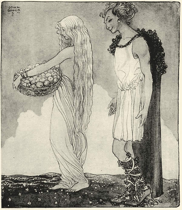 a male, Loki, gazes at a female, Idun, as she holds a basket of apples
