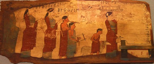 a painting of a ancient family dressed formally in robes leading a sheep to an altar