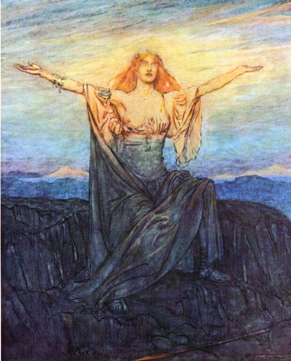 a woman, bare brested, raises her hands to the sky facing the sunrise