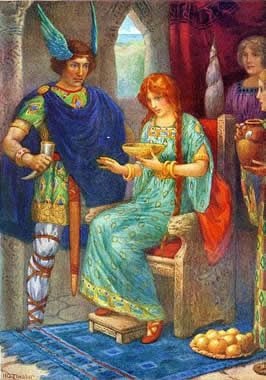 a woman, Gerda, sits on a throne while a man, Skyrnir, stands at her right hand