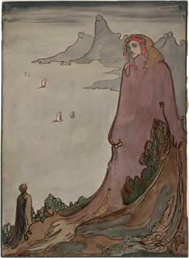 an illustration of a giant woman in robes looking down on a much smaller masculine figure in the foreground