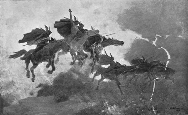 armored women riding horses in the sky before clouds