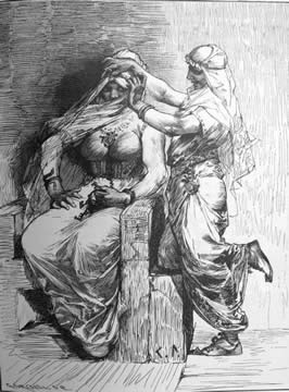 the god Thor dressed up as Freyja, with artificial breasts, a necklace (Brísingamen) and a keychain. Loki, also dressed as a woman, is fixing up Thor's headgear. Loki appears to be enjoying himself, Thor does not