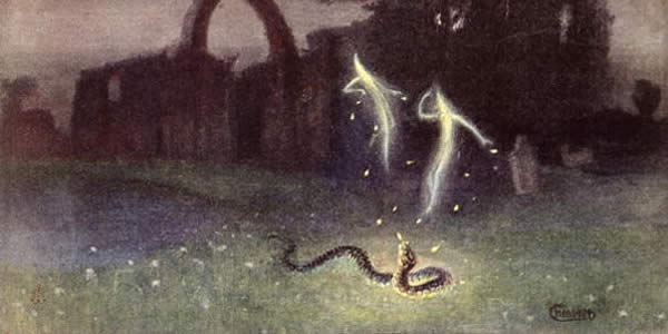 two vaguely humanoid whisps of light float before a ruined castle and above a snake