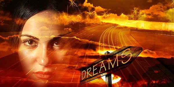 a woman's face digitally included in a photograph of sign reading "DREAMS"