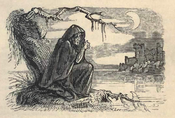 the figure of a robed, cowled woman crying outside a castle