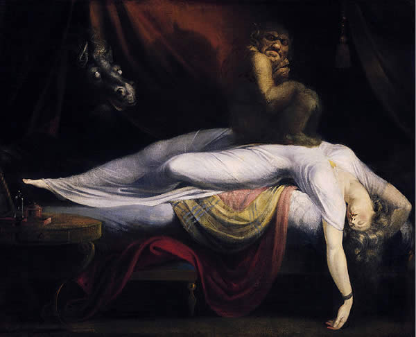 a woman in a nightgown sleeps uncomfortably on a bed with a creature seated on her chest
